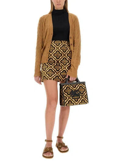 Etro Cable Knit V-neck Cardigan Pockets In Beige