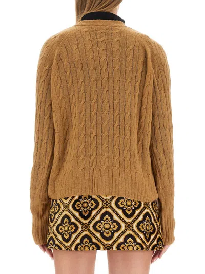 Etro Cable Knit V-neck Cardigan Pockets In Beige