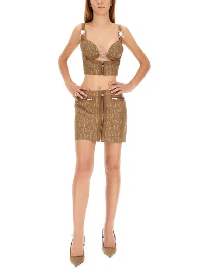 Versace Garden Monogram Patterned Crop Top With Clip Closure In Brown