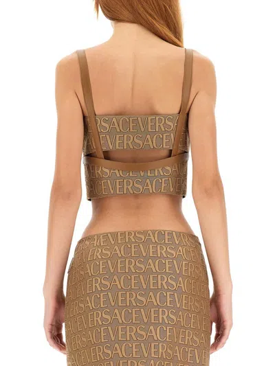 Versace Garden Monogram Patterned Crop Top With Clip Closure In Brown