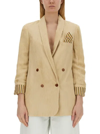 Alysi Double-breasted V-neck Blazer In Beige