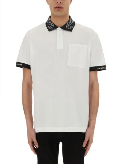 Shop Versace Jeans Couture Polo Shirt With Baroque Outline Collar In White