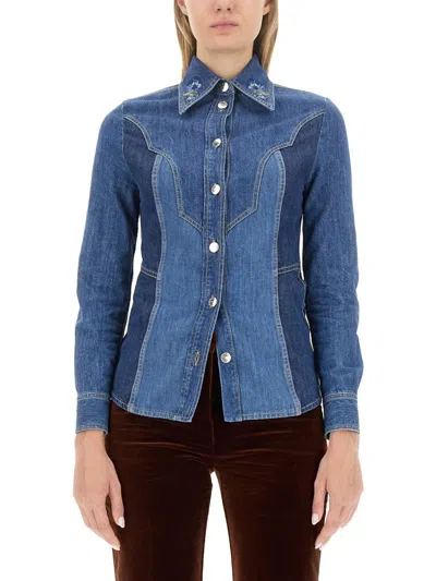 Etro Denim Design Slim Fit Shirt In Blue