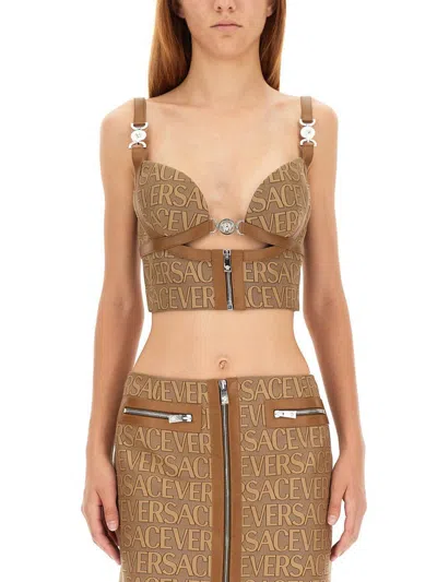 Versace Garden Monogram Patterned Crop Top With Clip Closure In Brown