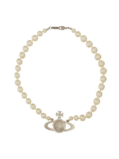 Vivienne Westwood One Row Pearl Bas Relief Choker In Silver