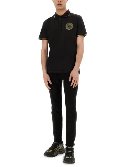 Shop Versace Jeans Couture Cotton Polo Shirt With V-emblem In Black