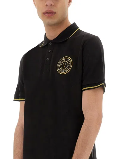 Shop Versace Jeans Couture Cotton Polo Shirt With V-emblem In Black