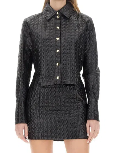 Patou Cropped Textured Collared Jacket With Cuffed Sleeves In Black