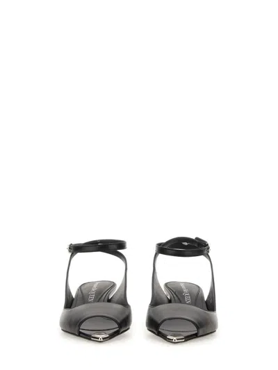 Alexander Mcqueen Black Leather Sandals With Kitten Heel In Black