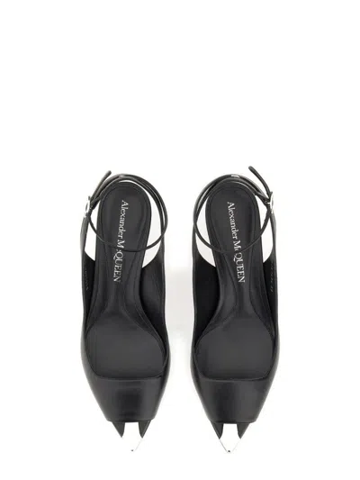 Alexander Mcqueen Black Leather Sandals With Kitten Heel In Black