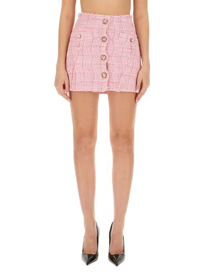 Gcds Fringe Trim Tweed Buttoned Short Skirt In Pink