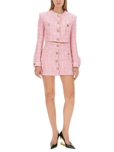 Gcds Fringe Trim Tweed Buttoned Short Skirt In Pink