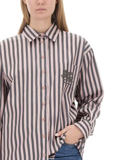 Etro Boyfriend Awning Striped Shirt With Logo Embroidery In Pink