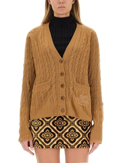 Etro Cable Knit V-neck Cardigan Pockets In Beige
