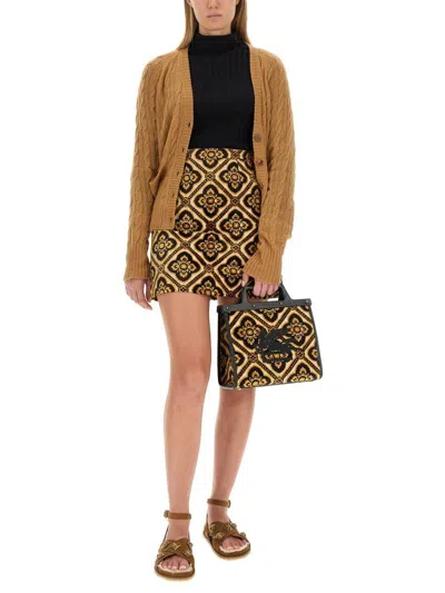 Etro Cable Knit V-neck Cardigan Pockets In Beige