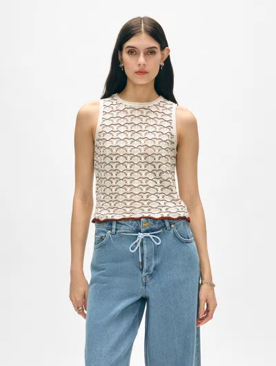White + Warren Cotton Linen Pointelle Stitch Tank Top In White/deep Terracotta In White/deep Terracotta