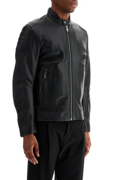 Hugo Boss Black Leather Jacket With High Collar And Quilted Details In Black