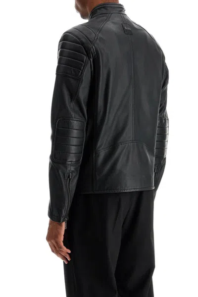 Hugo Boss Black Leather Jacket With High Collar And Quilted Details In Black