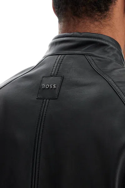 Hugo Boss Black Leather Jacket With High Collar And Quilted Details In Black