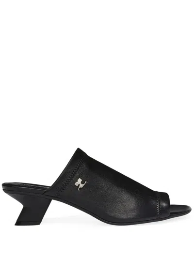 Courrèges Stretch Leather Peep Toe Mules Sculpted Heel In Black