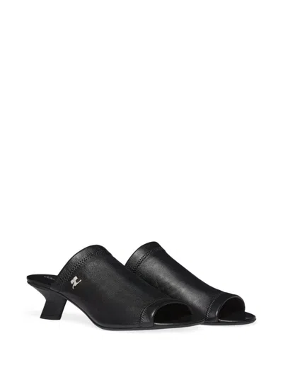 Courrèges Stretch Leather Peep Toe Mules Sculpted Heel In Black