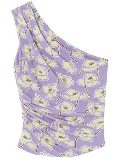 Versace One-shoulder Floral Print Top In Purple