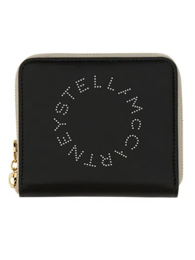 Stella Mccartney Zipped Wallet With Circular Logo And Gold Hardware In Black