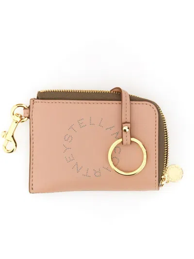 Stella Mccartney Compact Wallet With Perforated Logo And Zip Closure In Powder