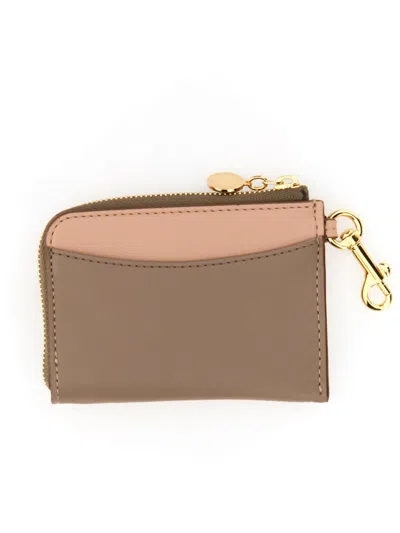 Stella Mccartney Compact Wallet With Perforated Logo And Zip Closure In Powder