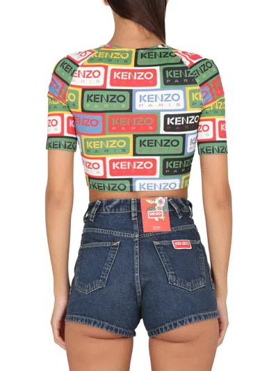 Kenzo All-over Logo Printed Crewneck Crop Top In Multicolour