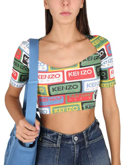 Kenzo All-over Logo Printed Crewneck Crop Top In Multicolour