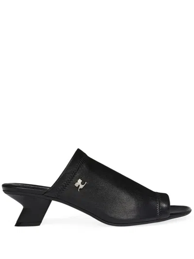 Courrèges Stretch Leather Peep Toe Mules Sculpted Heel In Black