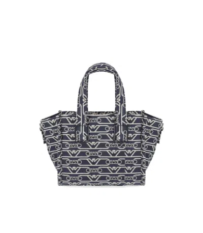 Emporio Armani Small Shopper Bag In Jacquard Canvas With All-over Monogram In Blue