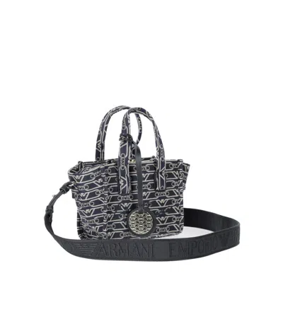 Emporio Armani Small Shopper Bag In Jacquard Canvas With All-over Monogram In Blue