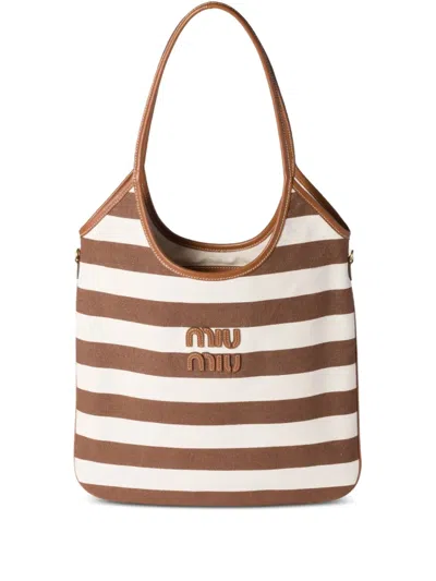 Miu Miu Ivy Striped Tote Bag In Brown