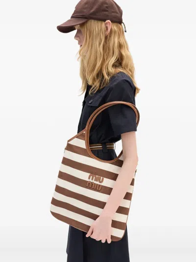 Miu Miu Ivy Striped Tote Bag In Brown