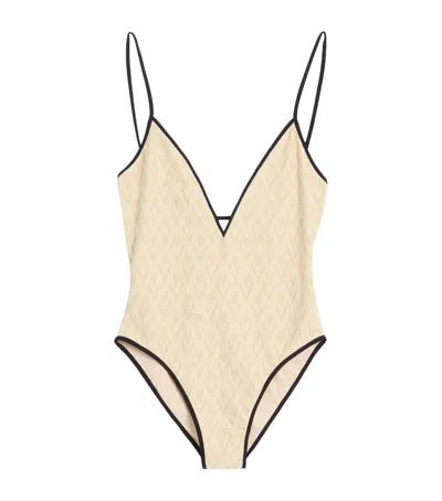 Valentino Jacquard Logo Swimsuit In Birch/ivory