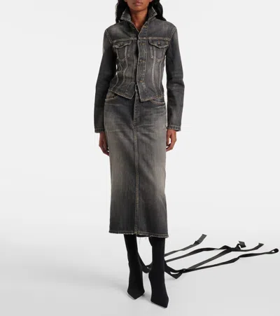 Balenciaga Dark Grey Denim Jacket With Laces Women In Gray
