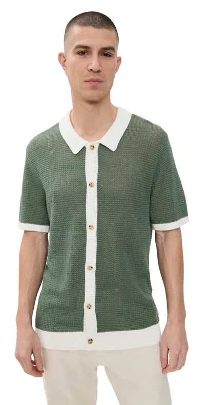 Onia Linen Short Sleeve Button Up Sweater Seaspray/white In Seaspray/white