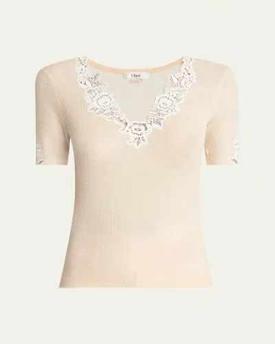 Chloé Fitted Short-sleeve Top In Guipure Lace Wool Knit In Bleached Orange