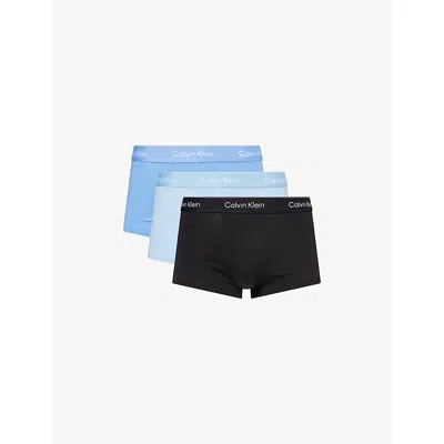 Calvin Klein Mens Blk Glacr Blu Bll Dtm Wb Icon Logo-waistband Pack Of Three Stretch-cotton Trunks In Blk Glacr Blu Bll Dtm Wb