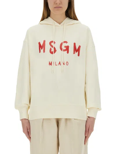 Msgm Brushed Logo Hoodie Ribbed Finish In Beige