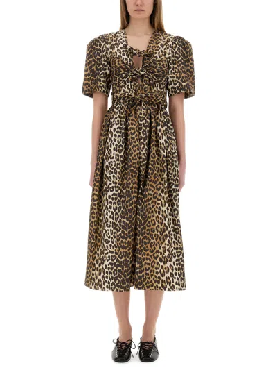 Ganni Leopard Printed Cotton Tie Strap Midi Dress In Brown