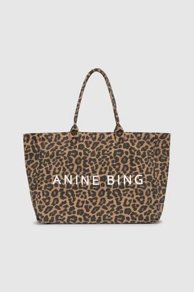 Anine Bing Leo Canvas Tote In Black And Brown Leopard In Black