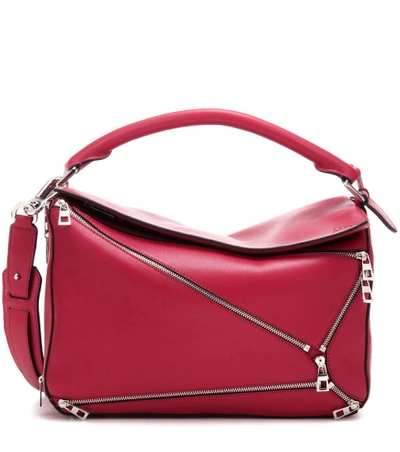 Shop Loewe Puzzle Zips Leather Shoulder Bag In Rouge