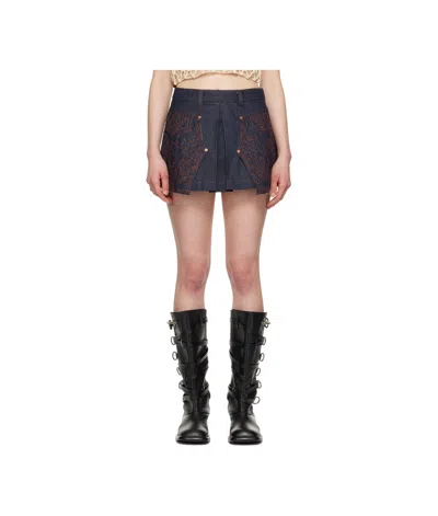 Andersson Bell Embroidery Panel Pleated Denim Miniskirt In Indigo