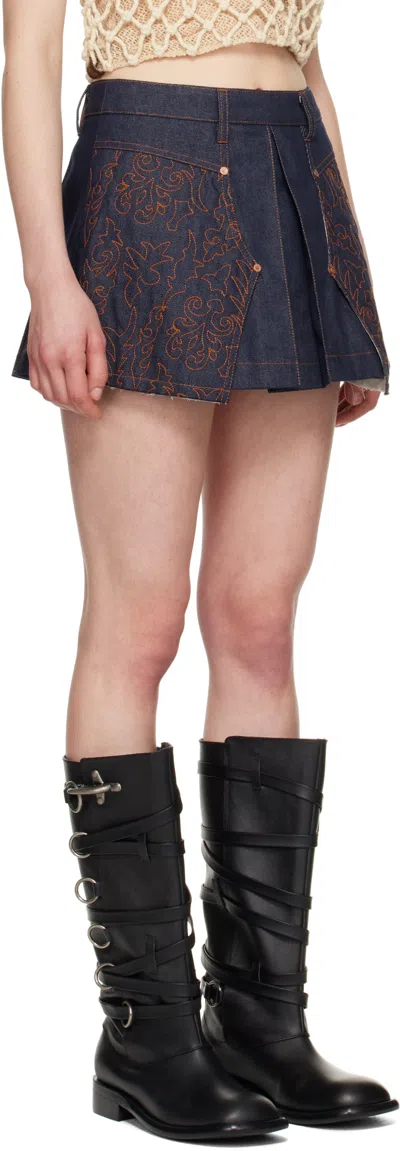 Andersson Bell Embroidery Panel Pleated Denim Miniskirt In Indigo