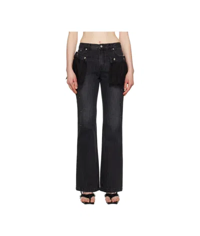 Andersson Bell Flower Lace Attached Bootcut Jeans In Washed Black