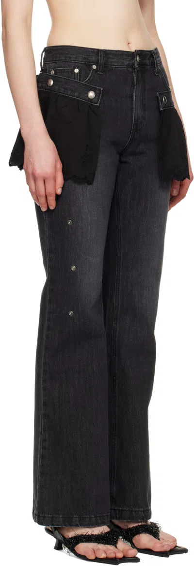 Andersson Bell Flower Lace Attached Bootcut Jeans In Washed Black