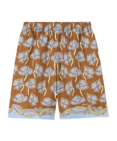 Versace Elastic Waistband Floral Print Shorts In 5n630 Print